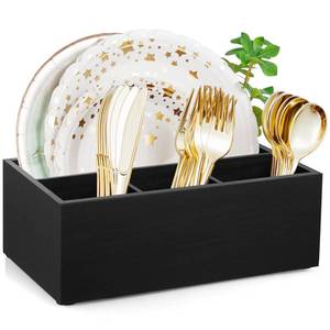 lot 7606 image: DRASTAR Paper Plate Dispenser, Wooden Utensil Caddy Organizer, Large Silverware Holder for Party, Black Paper Plate Organizer, Kitchen Utensil Caddy for Party Picnic Camping