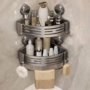 lot 7616 image: VOLPONE Corner Shower Caddy Suction Cup Shower Shelf Corner No Drilling Bathroom Shower Organizer Storage Rack Adhesive with Towel Bar Hooks (2-Pack, Matte Gray)
