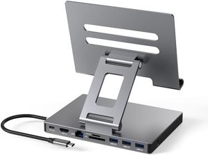 lot 7623 image: iPad Pro USB C Hub Stand, 9 in 1 Adapter for iPad Air M5 M3 M4 13 12.9 Inch Docking Station 4K 60Hz HDMI, RJ45 Ethernet, SDTF Card Reader, 3 USB 3.0, 3.5mm Audio, iPad Accessories Samsung Tablet Dock
