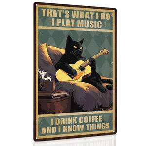 lot 7654 image: ALKB Guitar Art Black Cat Sign - Thats What I Do I Play Guitar and I Know Things 8x12 Inch - Guitar Player Gift Ideas