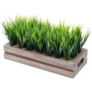 lot 7662 image: MyGift 10.5 Inch Artificial Green Grass Plant in Vintage Weathered Wood Planter Window Box, Faux Greenery in Crate Style Container Tabletop Centerpiece Decor