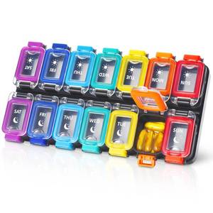 lot 7664 image: Fullicon Moisture Proof Pill Organizer 2 Times a Day, Large 7 Day Box, Spill Proof Case, Travel Container, Medicine Organizer With Secure Lids (Rainbow Black)