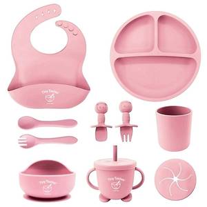 lot 7677 image: Tiny Tastes 10-Piece Silicone Baby Feeding Set BPA-Free, Spill-Proof Suction Plate, Bowl, Bib, Snack Cup &amp Utensils  Dishwasher Safe, Baby Gift Ready (Light Pink)