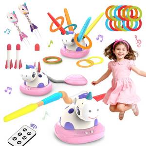 lot 7694 image: RUIDYA 3 in 1 Musical Jump, Toss Ring Game and Stomping Launch Unicorn Rocket Launcher for Kids Outdoor Toys with Remote Control, Indoor Outside Toy for Kids Ages 3-8