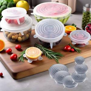 lot 7709 image: 6 Pack Silicone Stretch Lids for Food Storage Sets, Reusable Bowl Covers for Cup, Can, Ramekins, Yogurt, Silicon Cover for Glass Containers Dishwasher and Freezer Safe, Adjustable Microwave Splatter