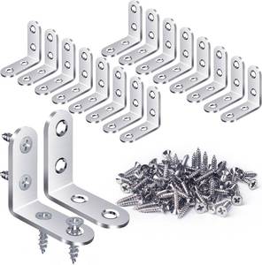 lot 7717 image: FATLODA 18PCS L Bracket & Corner Brace, Stainless Steel Right Angle Brackets for Shelves & Furniture with 72 Screws (40mmx40mm)