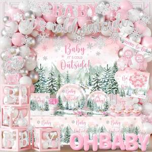 lot 7724 image: Winter Baby Shower Decorations Girl, Pink Baby Its Cold Outside Baby Shower Woodland Plates Napkins Tablecloth Banner Backdrop Balloon Box Cake Cupcake Topper for Girl Gender Reveal
