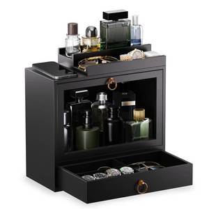 lot 7725 image: Cologne Organizer for Men Wooden Perfume Organizer with Magnetic Removable Top Stand, Large Drawer, Velvet-Lined Display Case - Black Cologne Holder for Vanity, Dresser Storage - Gift for Men STARTING TO SEPARATE AT SEAMS
