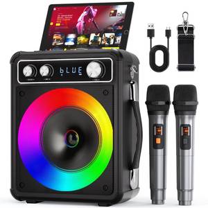 lot 7727 image: VOSOCO Karaoke Machine, Portable Bluetooth Karaoke Speaker with 2 Wireless Microphones, PA System for Adults Kids with LED Lights & Echo Adjustment, Supports TWSTFUSBAUX for Home Party