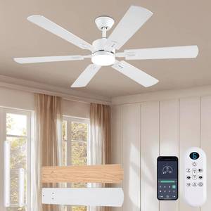 lot 7737 image: FUMLTP 56inch Modern White Ceiling Fans with Lights and RemoteApp Control, Dimmable LED, Reversible DC Motor, Noiseless, 6 Double-side Blade Low Profile Ceiling Fan for Livingroom IndoorOutdoor Use