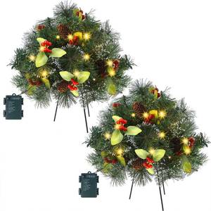 lot 7740 image: Glintoper Pre-lit Christmas Urn Filler, Lighted Artificial Mini Xmas Pine Trees with Tripod Stake, Light Up 8 Modes & Timer, Battery Powered Outdoor Planter Filler Festival Holiday Home Decor, 2 Pack