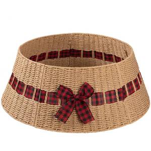 lot 7742 image: OIAHOMY Christmas Tree Collar, Wicker Holiday Tree Skirt & Stand Base Cover,Paper Rope Christmas Decor with a Bow Tie, Natural-27 inch