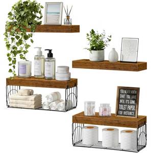 lot 7749 image: 4 Pack Wall Mounted Rustic Wood Floating Shelves with 2 iron Hanging Baskets, Bathroom Shelves Over Toilet, Toilet Paper Storage, Farmhouse Decor Hanging Shelf for Living Room, Kitchen, 16 inch, Brown