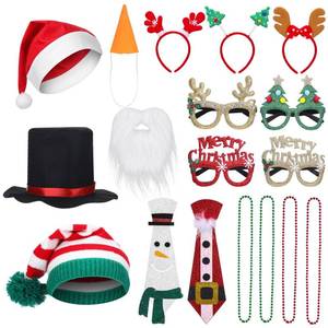 lot 7774 image: VioraWhite 19 Pc Photo Booth Props - Christmas Party Set with Hats, Glasses, Headbands, Necklaces, Necktie, White Beard, Knit & Black Hats, Carrot Nose