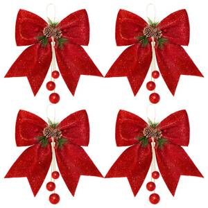 lot 7776 image: Whaline 4pcs Christmas Bow 9.8 x 11.8in Red Wreaths Bows Christmas Tree Bow Glitter Sequin Xmas Decorative Bows for Home Ornament Decoration Party