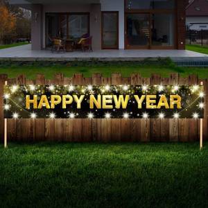 lot 7777 image: Large Happy New Year Yard Sign with LED Lights for Christmas Decorations - 118 x 19.6 Inch Black and Gold Banner with Clear Clips for Xmas New Years Eve Party Supplies