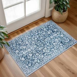 lot 7779 image: SILOLOOM Vintage Entryway Rug 2x3, Blue and White Washable Accent Rug, Non-Slip Small Area Carpet, Floral Print Faux Wool Soft Door Mat for Indoor Entrance, Front Door, Kitchen, Bedside