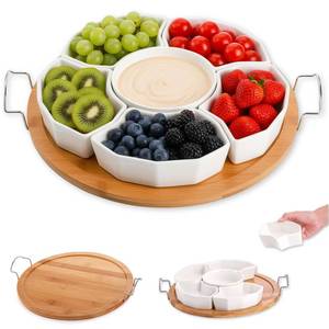 lot 7784 image: ZENFUN Chip and Dip Serving Set, 11 Divided Serving Platters Tray for Party, 6-Compartment Removable Appetizer Snack Dishes, Round Sectional Serving Platter for Fruits, Condiment