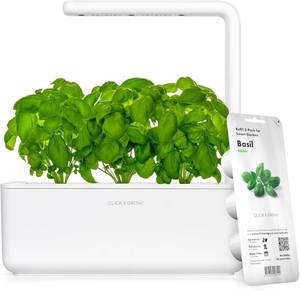 lot 8154 image: Click & Grow Indoor Herb Garden Kit with Grow Light  Smart Garden for Home Kitchen Windowsill  Easier Than Hydroponics Growing System  Vegetable Gardening Starter (3 Basil Pods Included), White