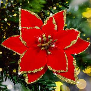 lot 8159 image: Lippbest 12Pcs Poinsettia Flower Artificial Poinsettia with Stem Christmas Decor Glitter Poinsettia Christmas Ornaments Christmas Tree Flower Decoration DIY Xmas Wreath Mantle Party Decor (Red)