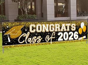 lot 8160 image: Large Congrats Grad Banner Gold Class of 2026 Banner Backdrop Graduation 2026 Yard Sign for Graduation Party Supplies Graduation Decorations 2026 (Gold)
