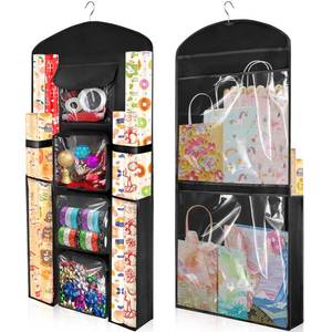 lot 8163 image: Woodoulogy Hanging Gift Wrapping Paper Storage, 40X17 Black Double-Sided Christmas Wrapper Bag Container, Oxford Craft Roll Organizer, Present Wrap Holder for Bedroom Closet, Door, Cabinet.Torn plastic