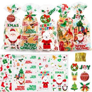 lot 8180 image: WeDoSoy Christmas Cellophane Bags - Set of 125 Treat Bags with Gold Twist Ties & 30 Gift Tags - Ideal for Cookies, Candies, Table Decor and Christmas Party Decorations