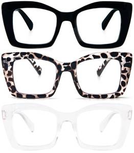 lot 8182 image: REAVEE 3 Pack Oversized Square Reading Glasses Oprah Style for Women, Blue Light Blocking Large Frame Computer Designer Fashion Readers with Spring Hinge (BlackTransparent TortoiseClear,3.0)