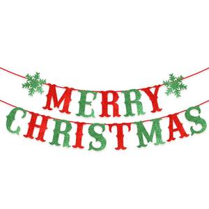 lot 8187 image: Yahpetes Merry Christmas Banner Glitter Red and Green Xmas Sign with Snowflake Decorations Bunting Garland Snowflake Party Supplies Set for for Home Fireplace Decor