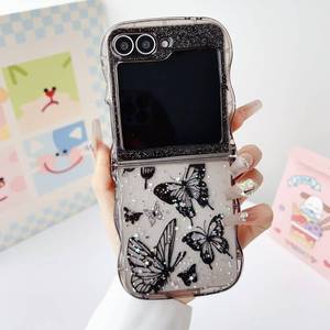 lot 8188 image: UEEBAI Wave Butterfly Case for Samsung Galaxy Z Flip 5Z Flip 6Z Flip 7 FE 5G Case, Pretty Bling Star Butterfly Cute Shiny Glitter Phone Cover Bling Clear Cover Curly Shockproof Girly - Black