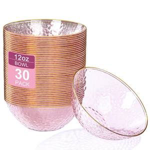 lot 8231 image: Rubtlamp 30 Pack Clear Pink Disposable Bowls, Clear Plastic Bowls with Gold Rim, 12-16oz Premium Heavy Duty Plastic Dinner Bowls for Party, Wedding and Holiday