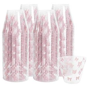 lot 8246 image: I00000 100 Pcs 9 oz Clear Plastic Cups with Pink Bow, Clear Disposable Cups Wine Glasses Cocktail Glasses Premium Cup Perfect for Wedding, Birthday & Party