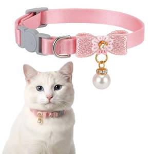 lot 8248 image: LXUEJIE Cat Collar Breakaway, Adjustable Pink Cat Collar with Pearl Pendant, Cute Cat Collars with Safety Buckle Pink Bowtie Kitten Collars for Girl Cats. PLASTIC PEARL DETACHED