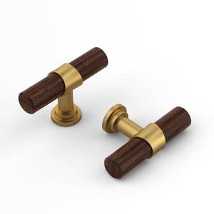 lot 8267 image: Haliwu 10 Pack Wood Grain and Gold Cabinet Knobs Brushed Brass 2 Tone T-bar Barrel Drawer Knobs for Gold Kitchen Hardware Handles, Single Hole