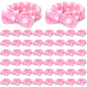 lot 8271 image: Wavyknot Pink Spa Headband Bulk Spa Sleepover Party Supplies for Washing Face with Removable Bow Makeup Elastic Bowknot Headbands for Women Gifts Soft Skincare Microfiber Hairbands(Dots Style)
