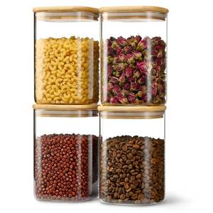 lot 8293 image: D2scrma 37oz Airtight Glass Square Storage Canister with Bamboo Lid Set of 4 (1100ml) Container Stackable Jar, Kitchen Canister for Pantry Noodles, Flour and Coffee beans