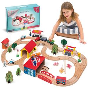 lot 8301 image: KipiPol Wooden Train Set - 69 Pieces Wooden Train Tracks &amp Trains for Kids, Toddler Boys and Girls 3,4,5 Years Old and Up Premium Wood Construction Toys -Fits Thomas, Brio, IKEA, Melissa and Doug