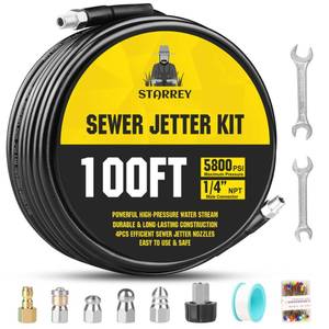 lot 8322 image: Pressure Washer Drain Jetter Sewer Jetter Kit for Pressure Washer 100ft 14 Inch NPT Hose Nozzles and Adapter 5800PSI Clears Clogs in Pipes &amp Sewer Lines