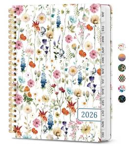 lot 8336 image: 2026 Planner, Weekly and Monthly Calendar Planner for Women, Jan 2026 - Dec 2026, Hardcover Planning Agenda Book with Tabs, Spiral Bound, Inner Pocket, Perfect for School Office Supplies, 6.3 x 8.5 - Wildflowers