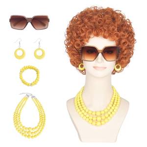 lot 8339 image: Yan Dream Women Short Curly Red Brown Wig and Glasses Yellow Oversized Jewelry Set Party Cosplay Wig