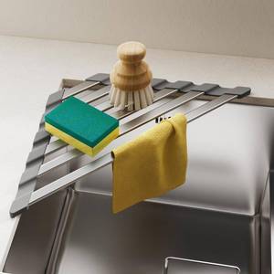 lot 8345 image: COOL-ANGLE Corner Sink Drying Rack, 16x9.5 Rust-Proof Aluminum Triangular Dish Drainer, Heat Resistant Roll Up Mat for Kitchen Counter, Sponge Holder & Organizer with Non-Slip Silicone Base, Gray