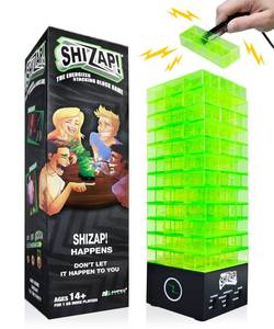 lot 8368 image: Amped Gamez ShiZap - Electric Shock Stacking Block Game, Plastic Tumble Tower Blocks, Shocking Tweezers, LED Base That Plays Suspenseful Music, Family Fun Party Games for Teenage Boys, Girls, Adults