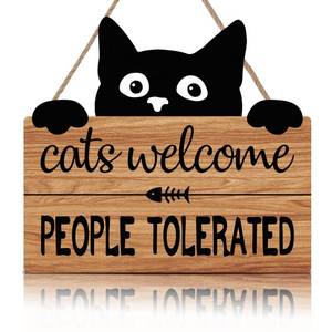lot 8371 image: LHIUEM Funny Cat Welcome Sign,Cats Welcome People Tolerated Kitty Kitten Wooden Plaque,10X11 inches Black Cat Wall Decor, Funny wood Sign For Pet Shop Home,Cat Lover Gifts