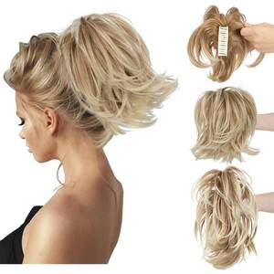 lot 8395 image: CJL HAIR Claw Clip Short Ponytail Hair Extensions DIY Bendable Metals Messy Bun Hair Piece for Wonen Straight Synthetic Fake Hairpieces Gloden Blonde and Beach Blonde Tips