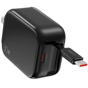 lot 8428 image: Amasuki 2-in-1 Retractable Wall Charger Plug with USB C Port and 27in70cm Type C Cable,Travel Essentials 30W Fast Charging Foldable Block for iPhone 171615,iPad,Galaxy,Pixel-Black