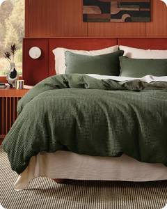 lot 8434 image: Bedsure Cotton Duvet Cover Queen - 100% Cotton Waffle Weave Olive Green Duvet Cover Queen Size, GentleSoft and Breathable Bedding Set for All Season, 3 Pieces, 90x90