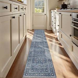 lot 8441 image: OPPODREAM Thin Vintage Blue 2x12 Runner Rug, 2 x 12 Retro Washable Rug Non Slip, Low-Pile Faux Wool Carpet, Distressed Navy Floor Mat for Kitchen, Hallway, Entry-Way, Entrance, Indoor Back Door
