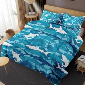 lot 8442 image: Nesphy Blue Shark Fish Queen Comforter Set, Ocean Surf Camouflage Bedding Set 3 Piece, All Season Soft Toddlers Children Adults Bedroom Bed Decoration Comforter and 2 Pillow Shams