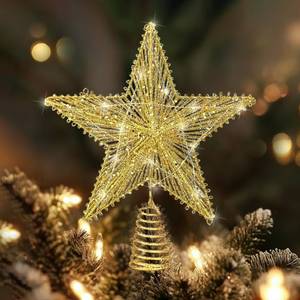 lot 8452 image: HOCCIHO Gold Star Christmas Tree Topper with 30 Led Lights, Gold Tree Star for Christmas Tree Top Decorations, Vintage Christmas Holiday Party Ornament, Lighted Battery Golden Stars Tree Topper