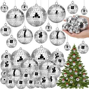 lot 8459 image: Flasoo 26 Pcs Disco Ball, 5 Sizes Disco Ball Ornaments Mini Mirror Silver Disco Balls Cake Topper Disco Themed Party Christmas Tree Ornaments Supplies (3.2inch, 2.4 Inch, 2 Inch, 1.6 Inch, 1.2 Inch)